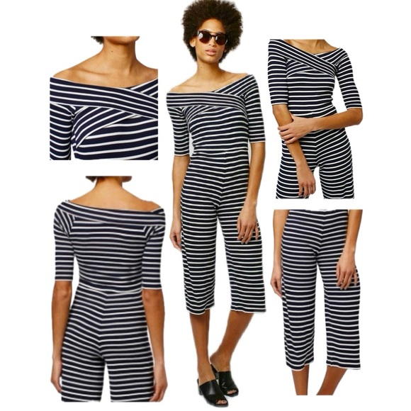 TOPSHOP Bardot Off The Shoulder Jumpsuit Navy & White Sz 6 - Picture 3 of 6
